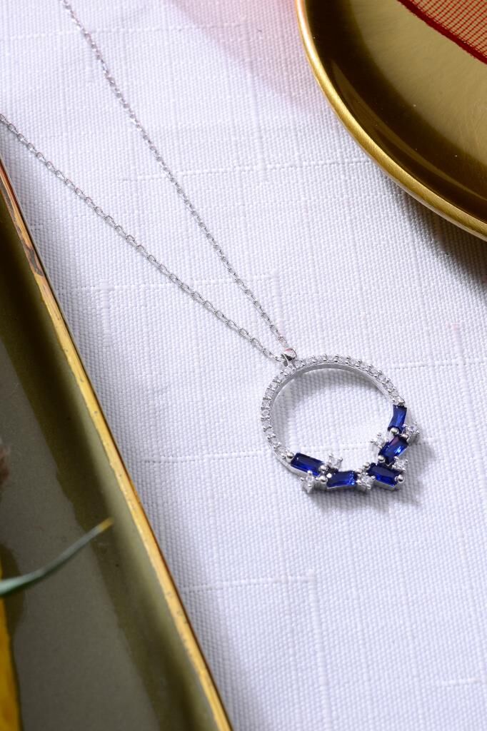 925 Ayar Gümüş Lacivert Baget Taşlı Halka Kolye