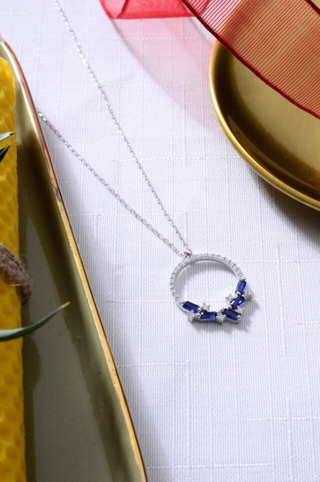 925 Ayar Gümüş Lacivert Baget Taşlı Halka Kolye