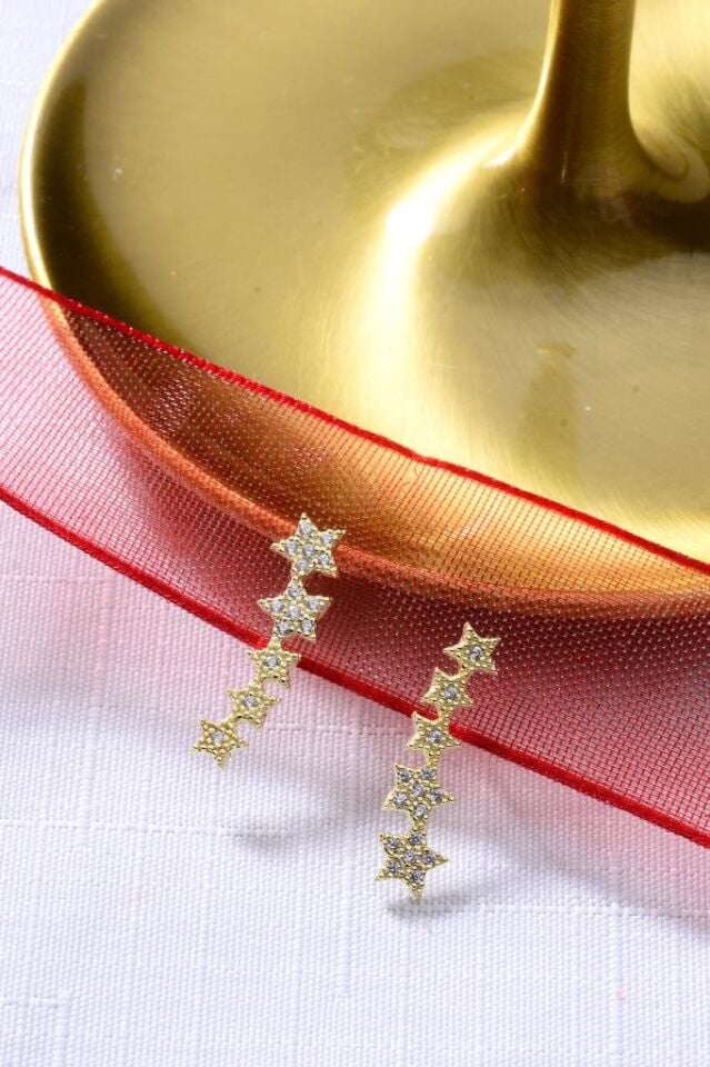925 Ayar Gümüş Yıldız Desenli Sallantılı Gold Küpe