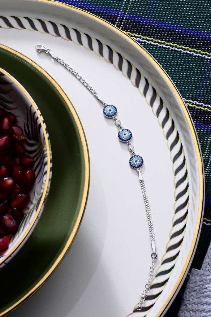 925 Ayar Gümüş Üçlü Nazar Boncuğu Bileklik