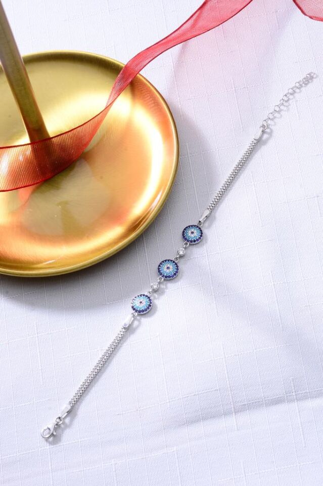 925 Ayar Gümüş Üçlü Nazar Boncuğu Bileklik