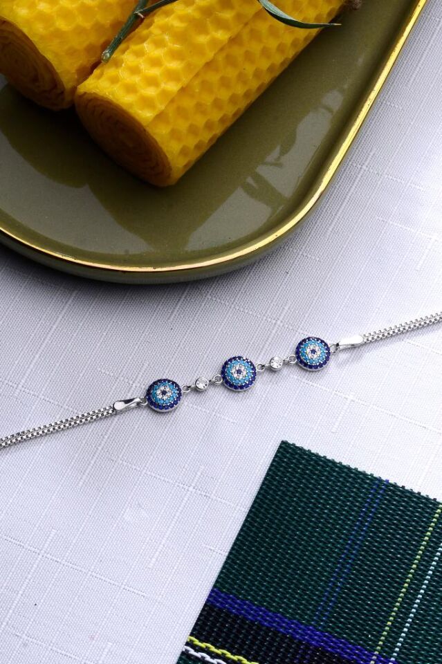 925 Ayar Gümüş Üçlü Nazar Boncuğu Bileklik