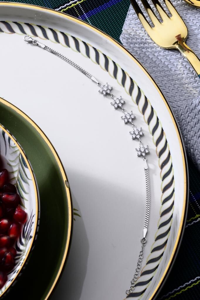 925 Ayar Gümüş Beşli Çiçek Desenli Gümüş Bileklik