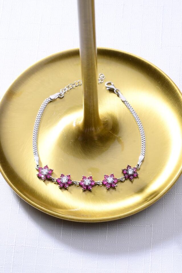 925 Ayar Gümüş Beşli Çiçek Desenli Gümüş Bileklik