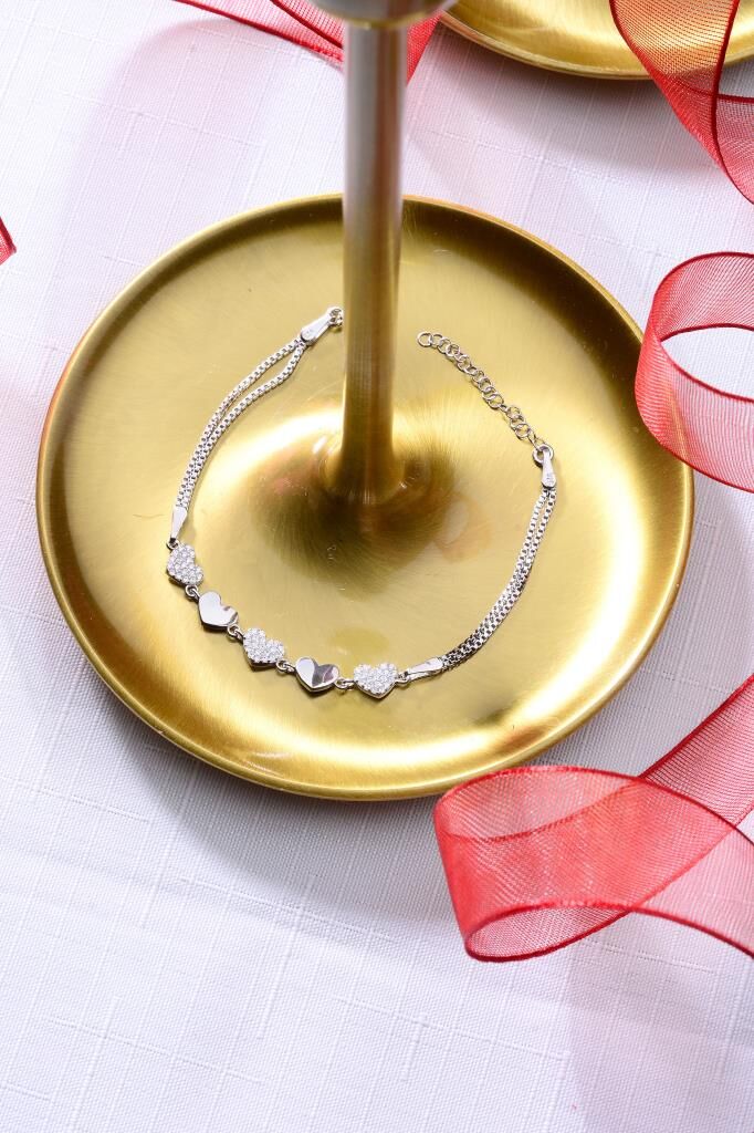 925 Ayar Gümüş Beşli Kalp Motifli Gümüş Bileklik