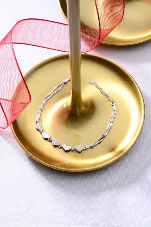 925 Ayar Gümüş Beşli Kalp Motifli Gümüş Bileklik