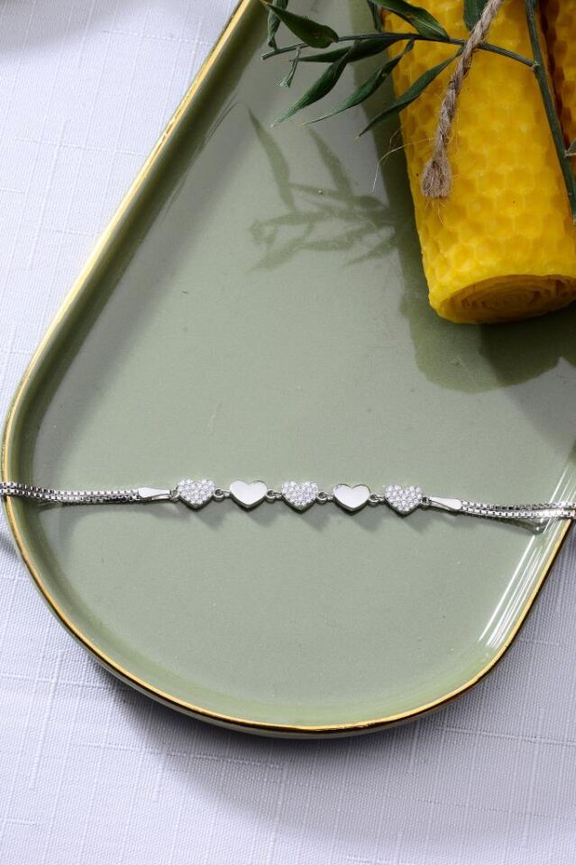 925 Ayar Gümüş Beşli Kalp Motifli Gümüş Bileklik