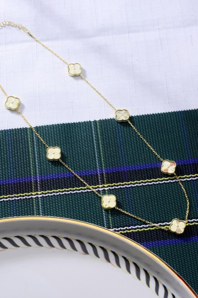 925 Ayar Gümüş Yedili Yonca Altın Kaplama Kolye