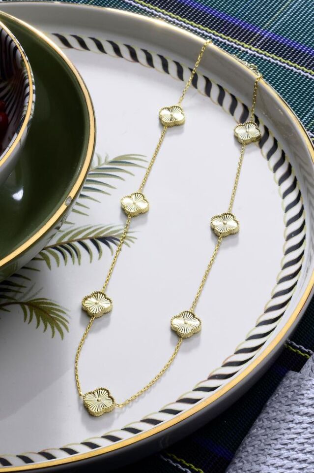 925 Ayar Gümüş Yedili Yonca Altın Kaplama Kolye