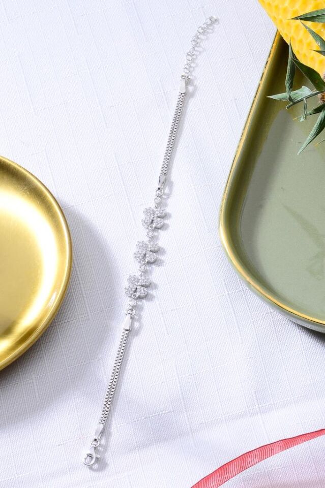 925 Ayar Gümüş Üçlü Gri  Yonca Bileklik