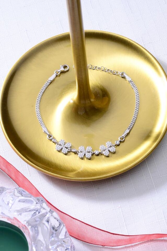 925 Ayar Gümüş Üçlü Gri  Yonca Bileklik