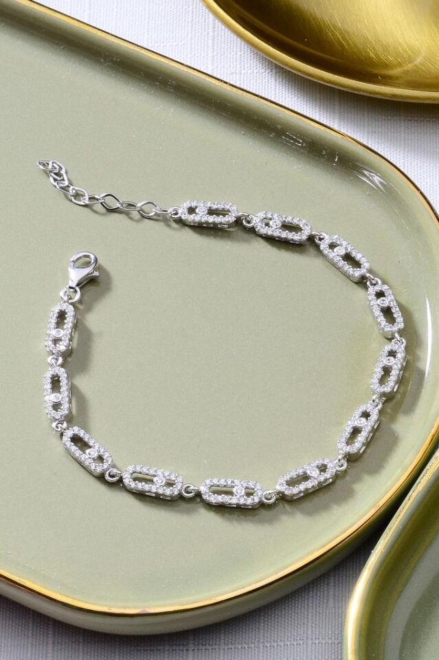 925 Ayar Gümüş Zincir Desenli Taşlı Gümüş Bileklik