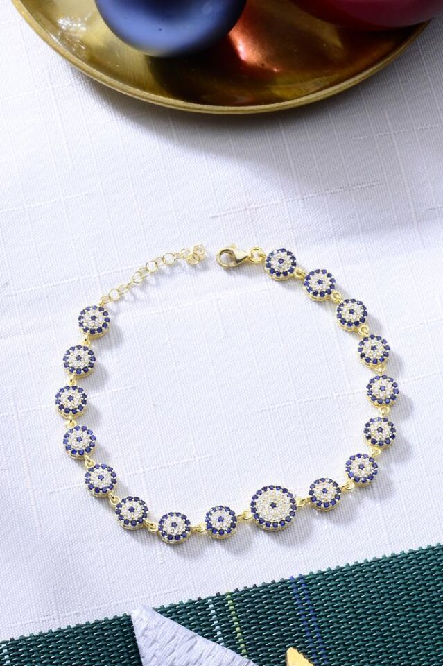 925 Ayar Gümüş Altın Kaplama Nazar Boncuğu Bileklik