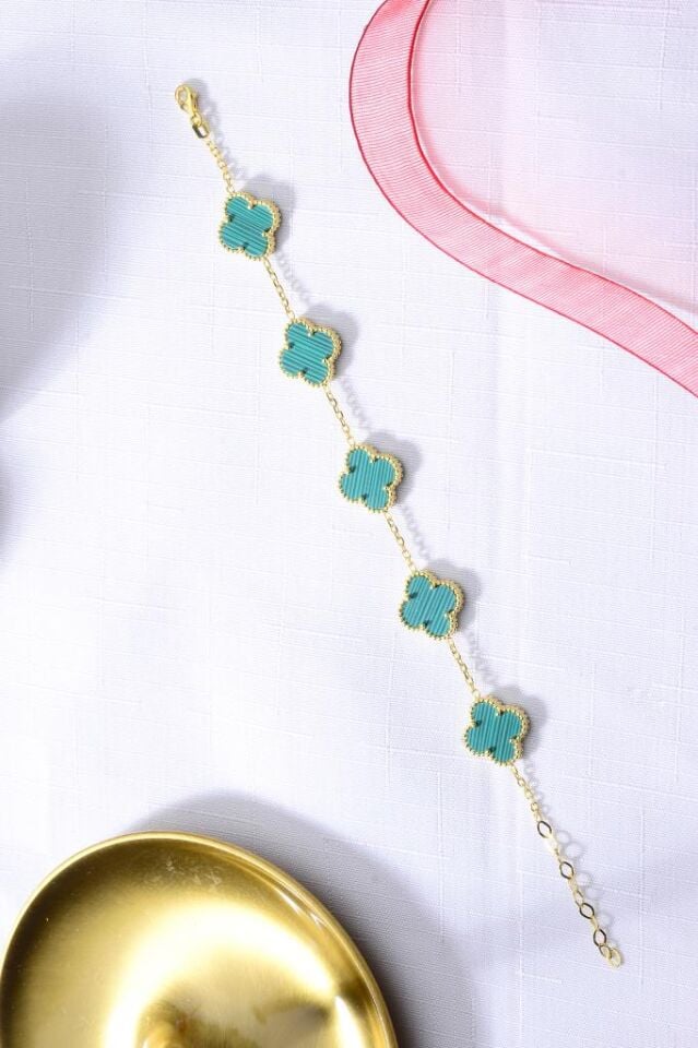 925 Ayar Gümüş Altın Kaplama Beşli Yeşil Yonca Bileklik