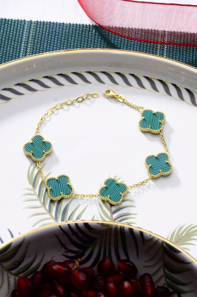 925 Ayar Gümüş Altın Kaplama Beşli Yeşil Yonca Bileklik