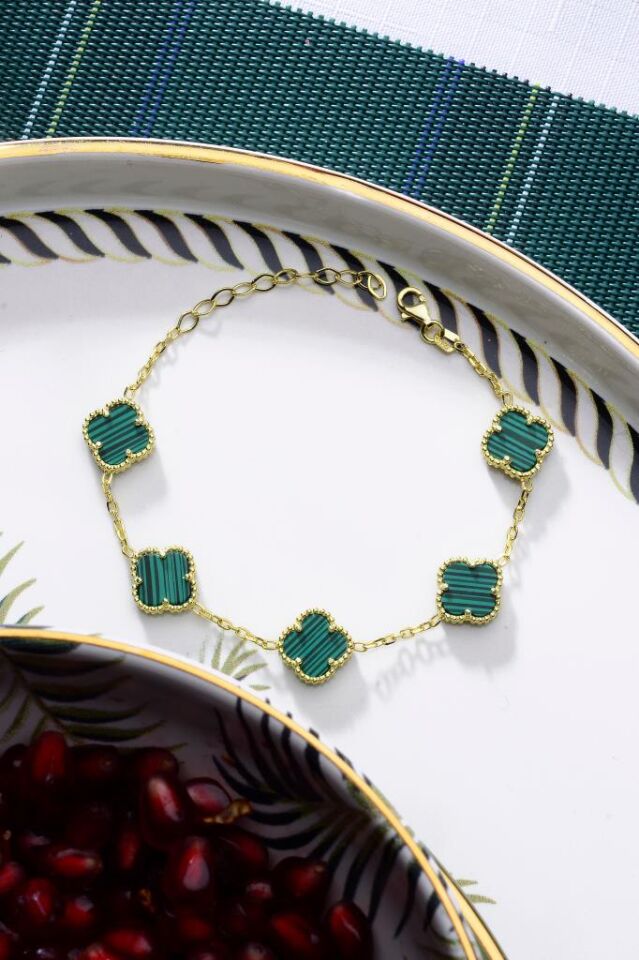 925 Ayar Gümüş Beşli Yeşil Yoncalı Bileklik