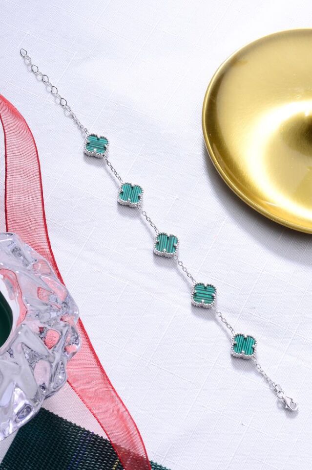 925 Ayar Gümüş Beşli Yonca Bileklik 10 mm Gümüş Yeşil