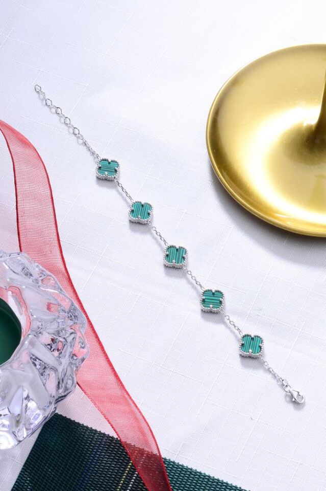 925 Ayar Gümüş Beşli Yonca Bileklik 10 mm Gümüş Yeşil