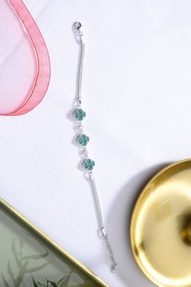 925 Ayar Gümüş Üç Yoncalı İkili Zincir Bileklik