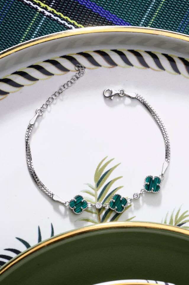 925 Ayar Gümüş Üç Yoncalı İkili Zincir Bileklik