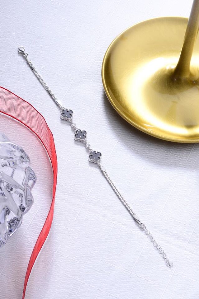 925 Ayar Gümüş Üç Yoncalı İkili Zincir Bileklik