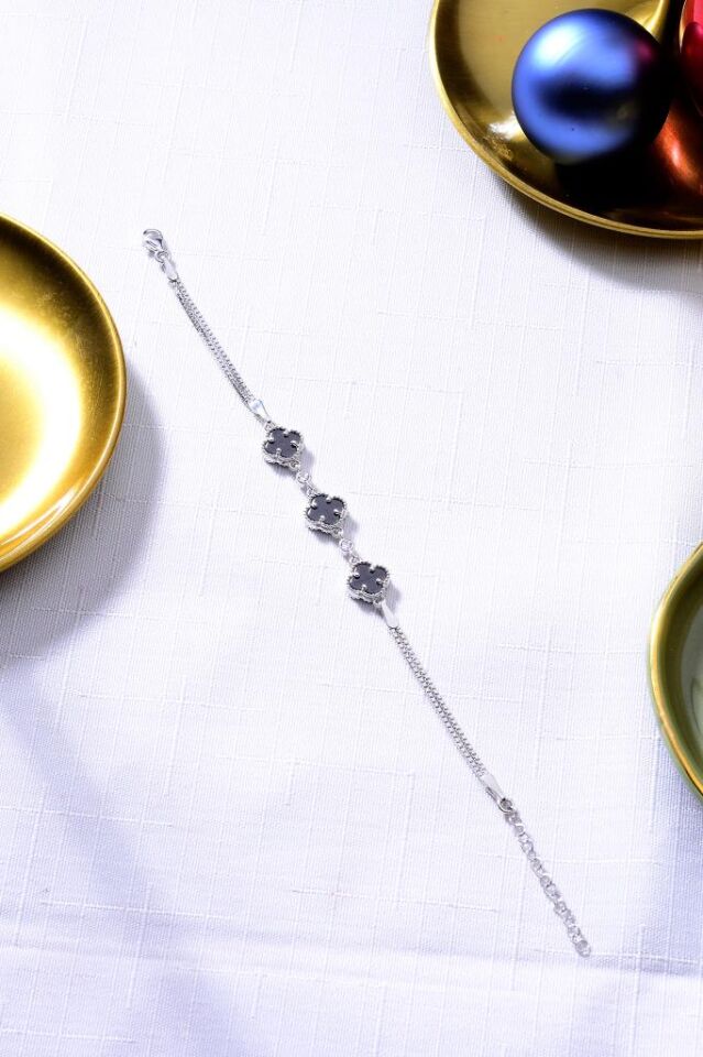 925 Ayar Gümüş Üç Yoncalı İkili Zincir Bileklik