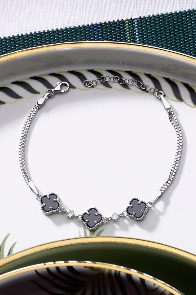 925 Ayar Gümüş Üç Yoncalı İkili Zincir Bileklik