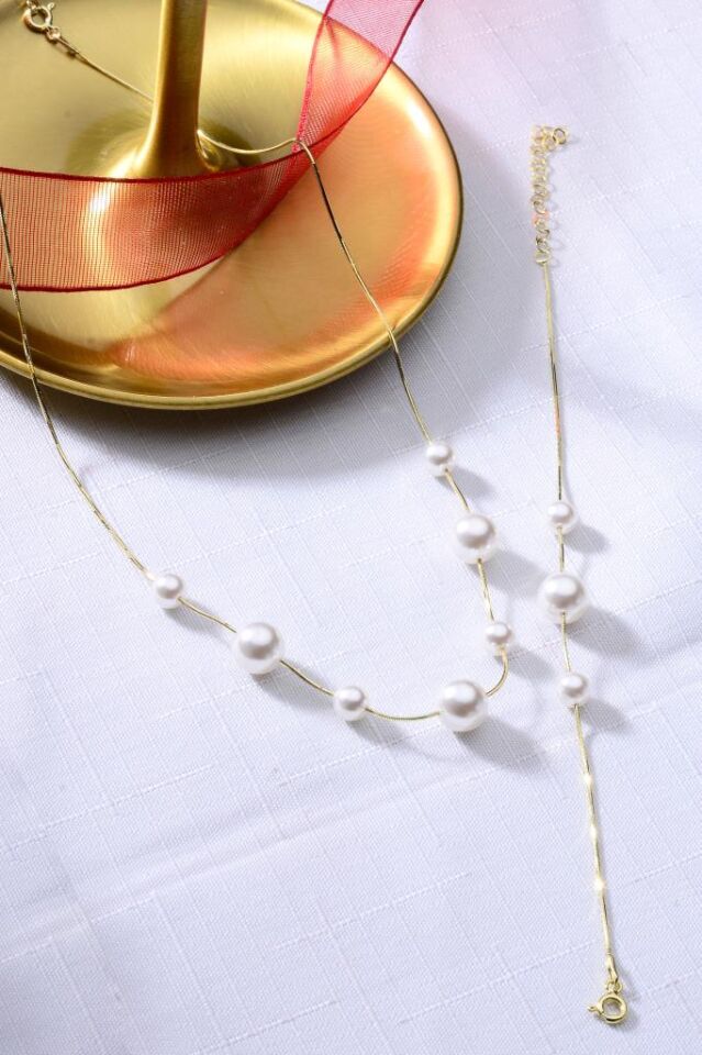 925 Ayar Gümüş Büyük Küçük İncili Altın Kaplama Set