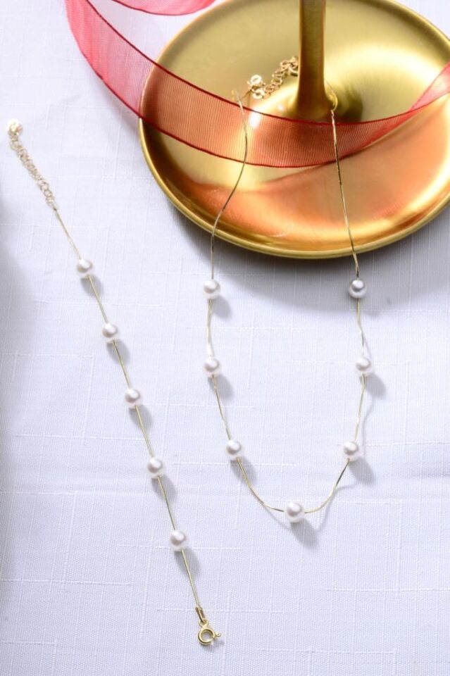 925 Ayar Gümüş İncili Set Bileklik - Kolye