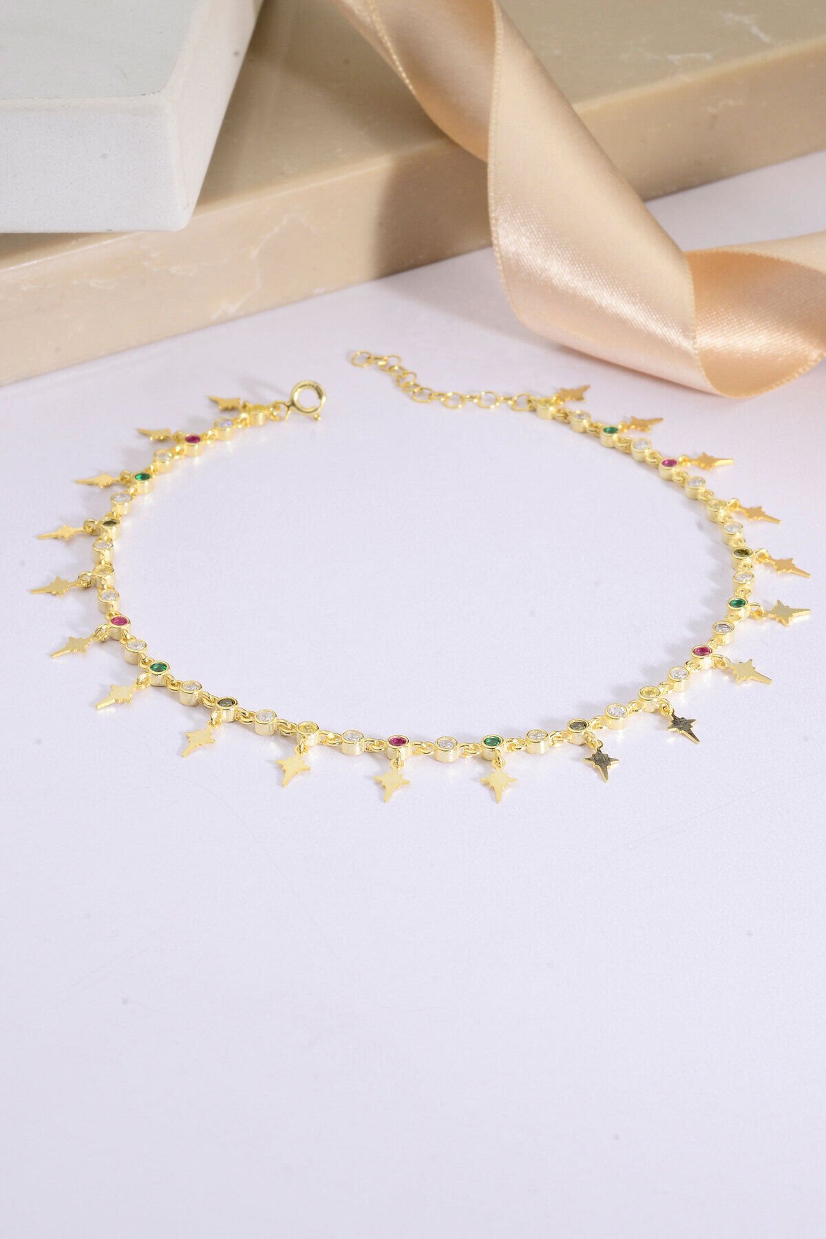 925 AYAR GÜMÜŞ ÜZERİ ALTIN KAPLAMA KUTUP YILDIZ SALLANTILI HALHAL