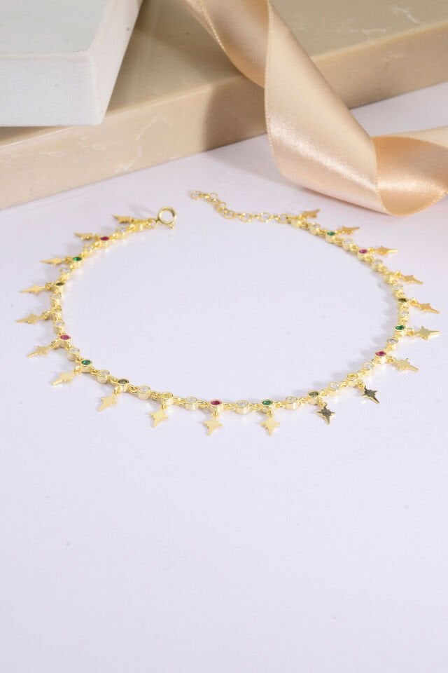 925 AYAR GÜMÜŞ ÜZERİ ALTIN KAPLAMA KUTUP YILDIZ SALLANTILI HALHAL