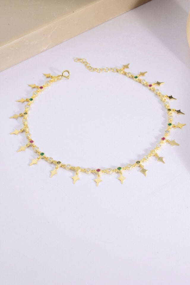 925 AYAR GÜMÜŞ ÜZERİ ALTIN KAPLAMA KUTUP YILDIZ SALLANTILI HALHAL