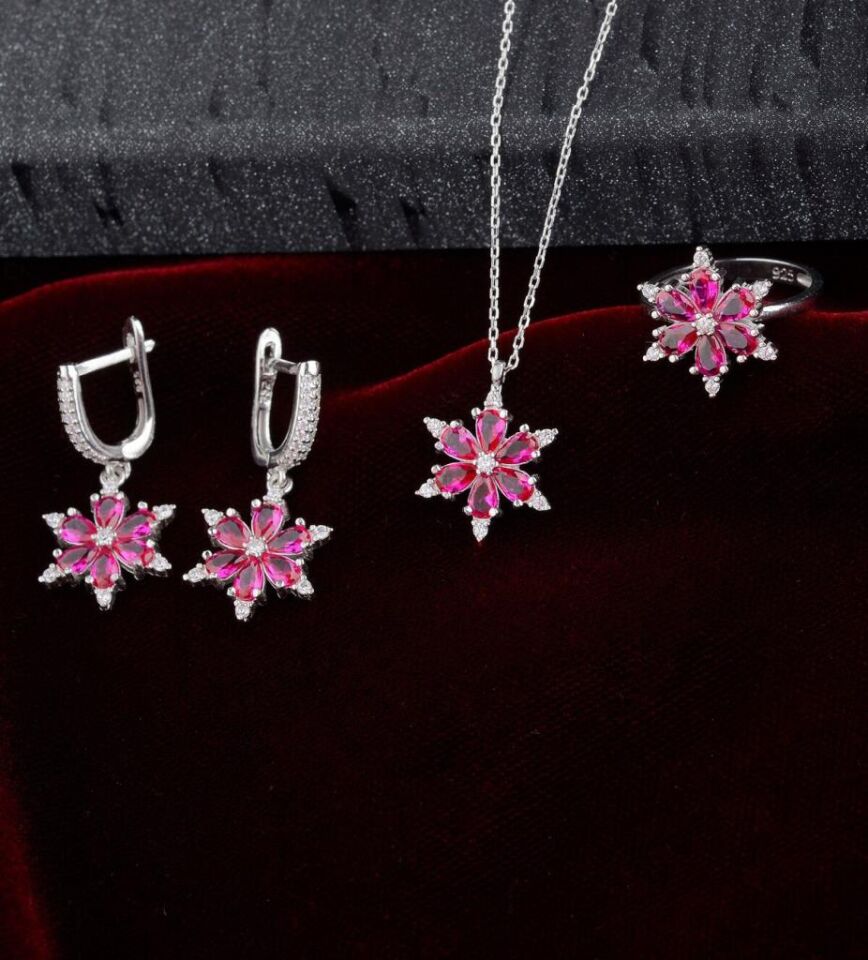 925 AYAR GÜMÜŞ ZİRKON TAŞ DETAYLI LOTUS SET Pembe