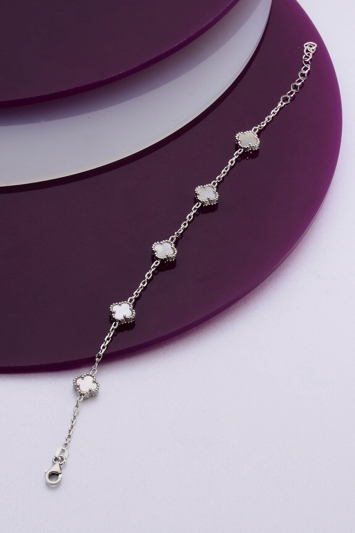 925 Ayar Gümüş Beşli 8 mm Yonca Bileklik Gümüş & Sedef - 16 cm
