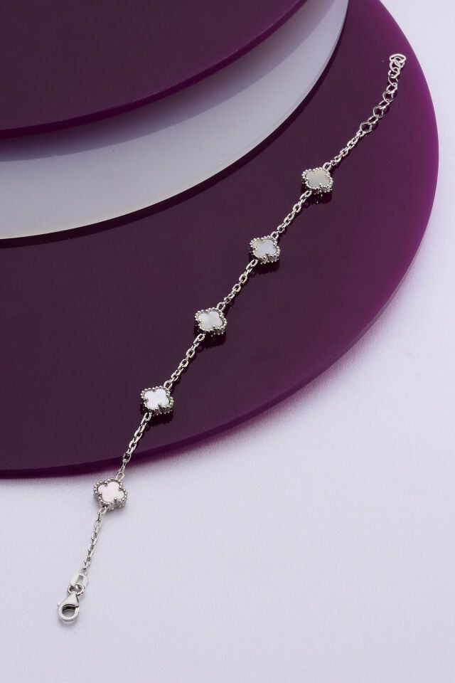925 Ayar Gümüş Beşli 8 mm Yonca Bileklik Gümüş & Sedef - 16 cm
