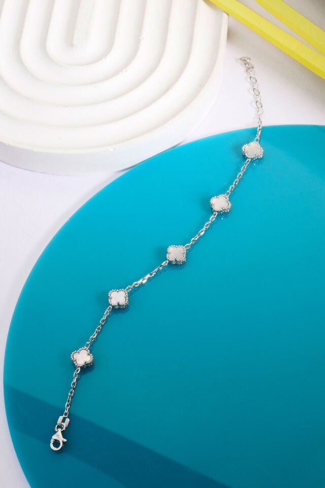 925 Ayar Gümüş Beşli 8 mm Yonca Bileklik Gümüş & Sedef - 16 cm