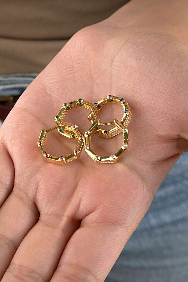 Altın Kaplama 925 Ayar Gümüş Renkli Taşlı Sekizgen Küpe