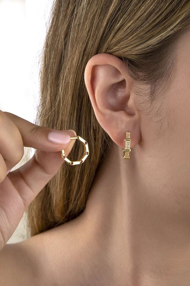 Altın Kaplama 925 Ayar Gümüş Renkli Taşlı Sekizgen Küpe