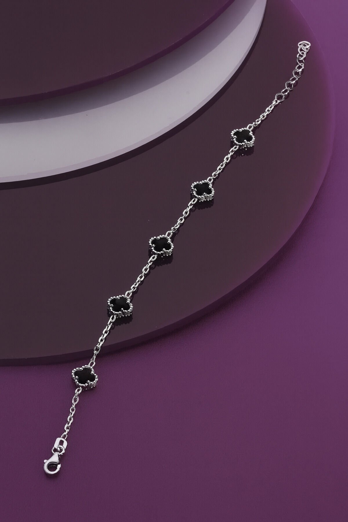 925 Ayar Gümüş Beşli 8 mm Yonca Bileklik Gümüş & Siyah - 16 cm