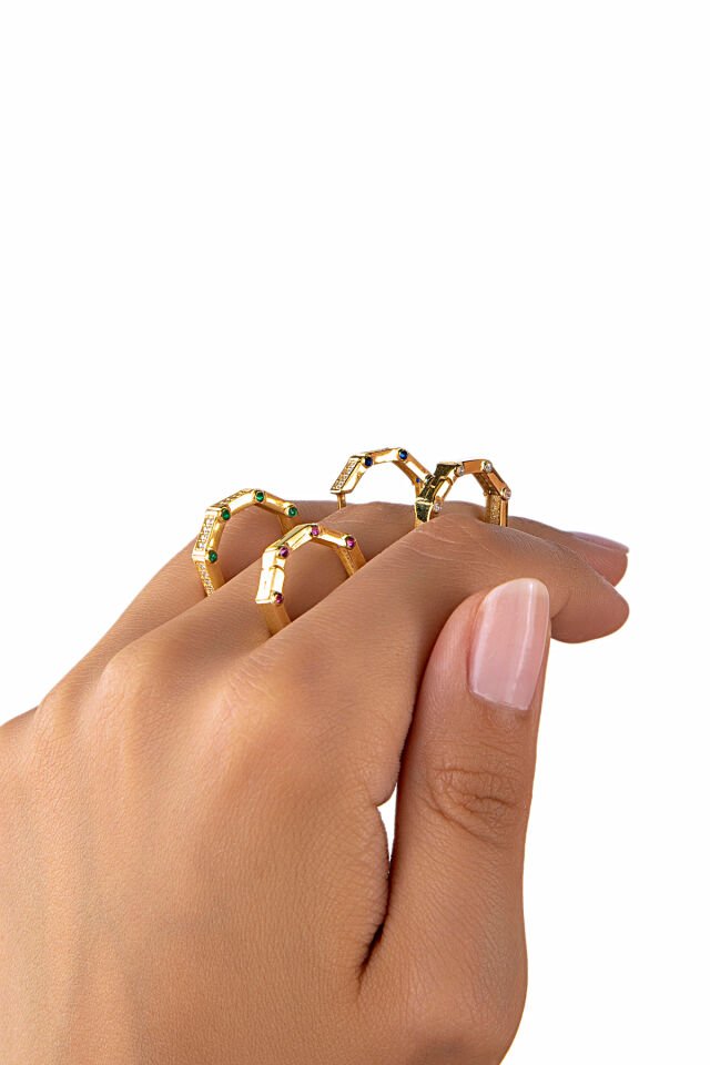 Altın Kaplama 925 Ayar Gümüş Renkli Taşlı Sekizgen Küpe