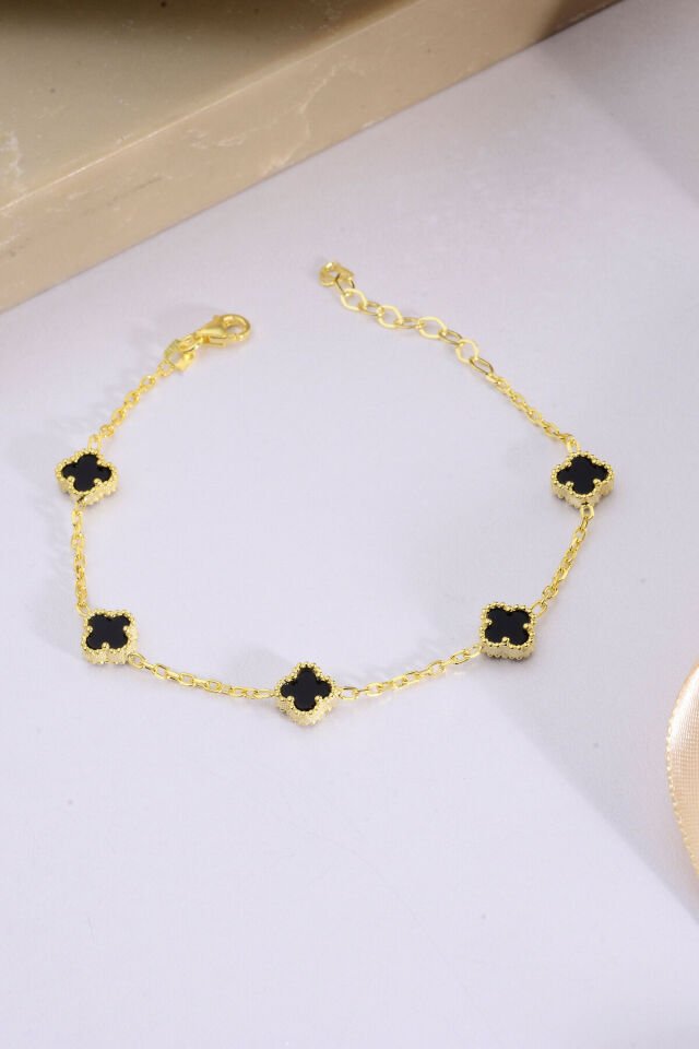 925 Ayar Gümüş Beşli 8 mm Yonca Bileklik Altın & Siyah - 16 cm