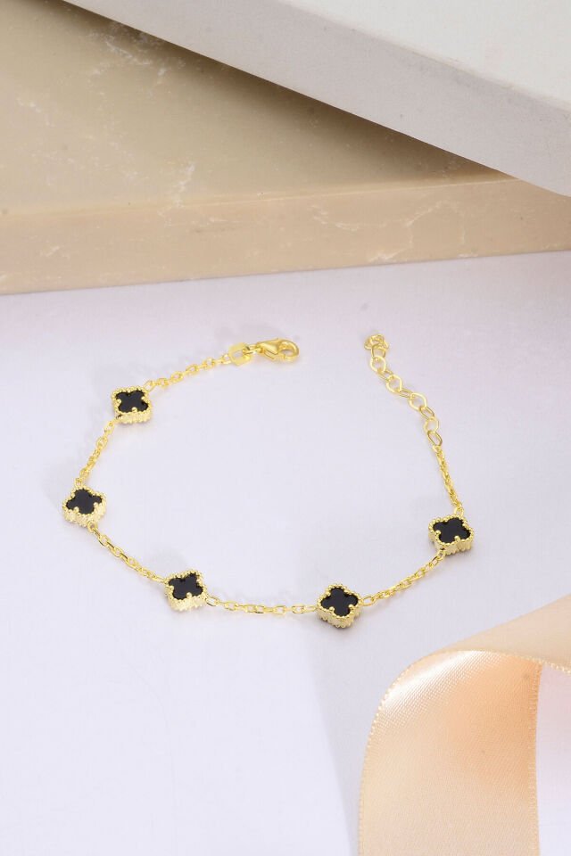 925 Ayar Gümüş Beşli 8 mm Yonca Bileklik Altın & Siyah - 16 cm