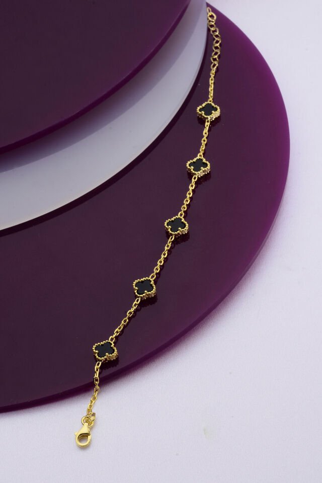 925 Ayar Gümüş Beşli 8 mm Yonca Bileklik Altın & Siyah - 16 cm