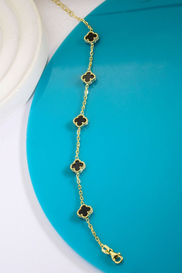 925 Ayar Gümüş Beşli 8 mm Yonca Bileklik Altın & Siyah - 16 cm