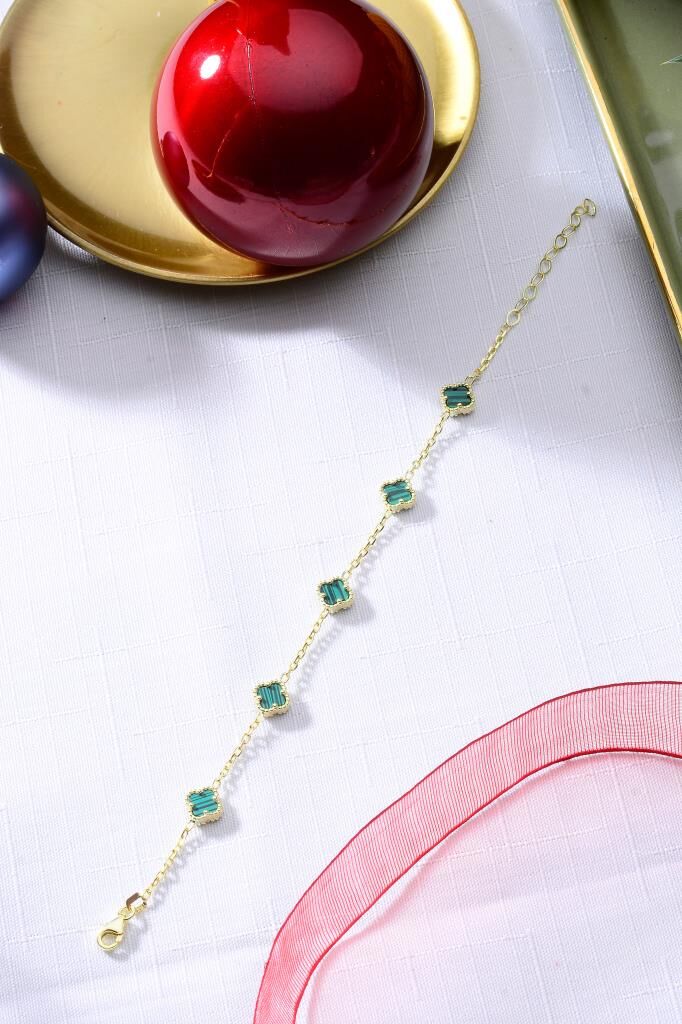 925 Ayar Gümüş Beşli 8 mm Yonca Bileklik Altın Yeşil - Tek Ebat