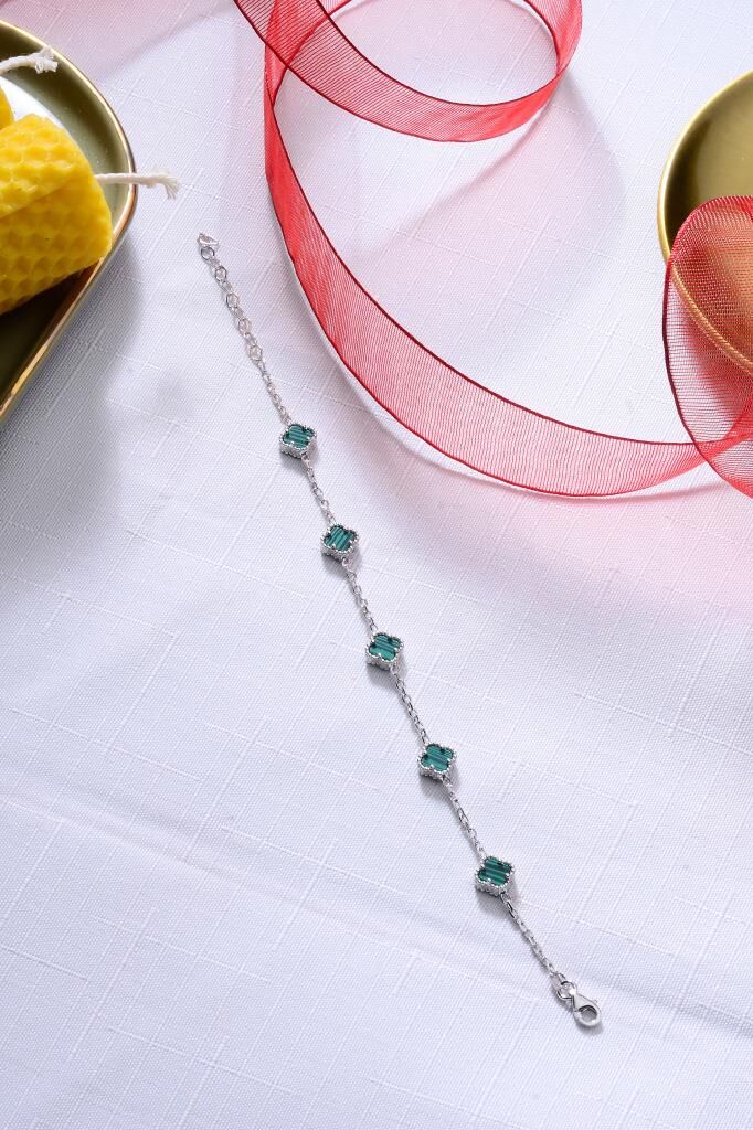 925 Ayar Gümüş Beşli 8 mm Yonca Bileklik Gümüş Yeşil - Tek Ebat
