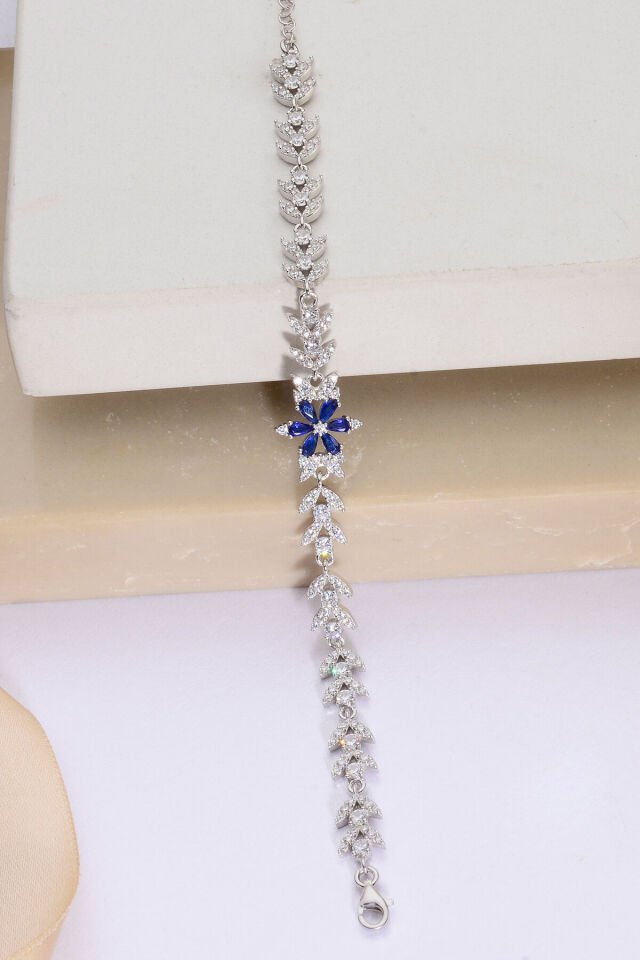 925 AYAR GÜMÜŞ LOTUS ZİRKON TAŞLI BİLEKLİK Lacivert - 15 Cm