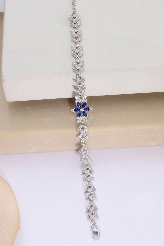 925 AYAR GÜMÜŞ LOTUS ZİRKON TAŞLI BİLEKLİK Lacivert - 15 Cm