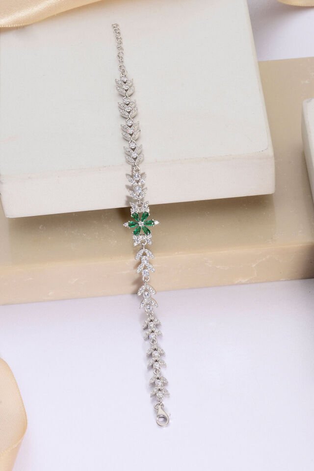 925 AYAR GÜMÜŞ LOTUS ZİRKON TAŞLI BİLEKLİK Yeşil - 15 Cm