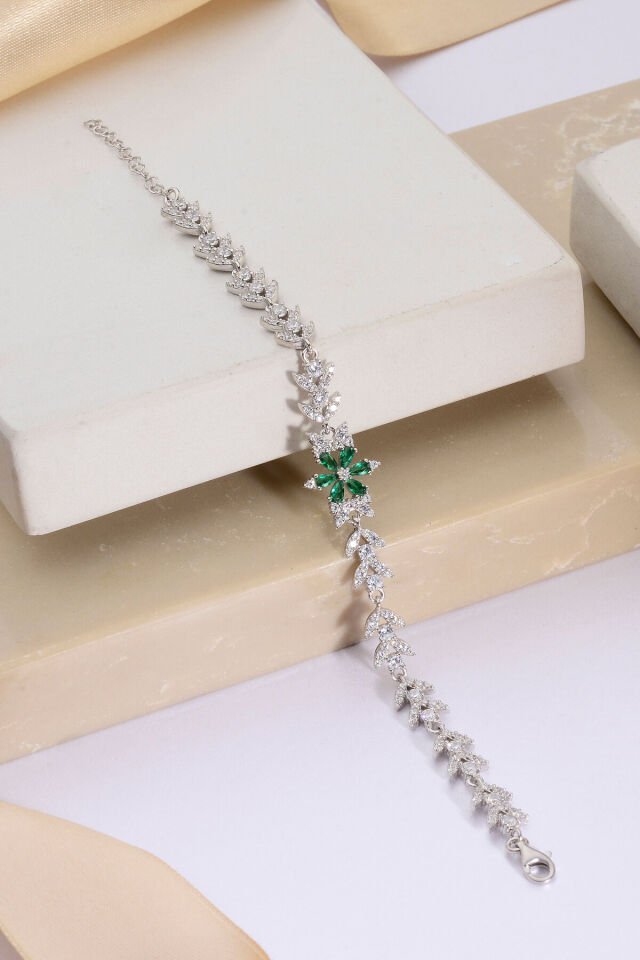 925 AYAR GÜMÜŞ LOTUS ZİRKON TAŞLI BİLEKLİK Yeşil - 15 Cm